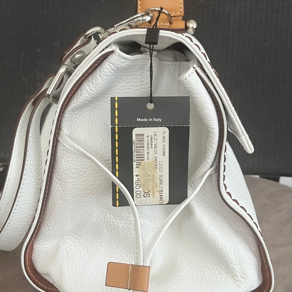 Plinio Visona Handbag. All White Italian Leather Bag with Brown Leather Trim. - Picture 7 of 13